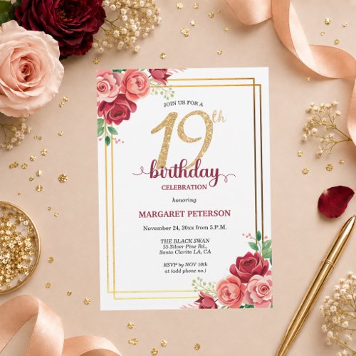 Elegant Gold Blush Floral 19th Birthday Party Invitation