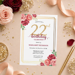 Elegant Gold Blush Floral 22nd Birthday Party Invitation