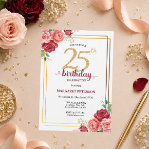 Elegant Gold Blush Floral 25th Birthday Party Invitation