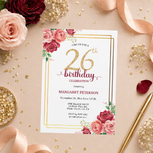Elegant Gold Blush Floral 26th Birthday Party Invitation