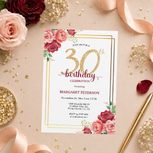 Elegant Gold Blush Floral 30th Birthday Party Invitation