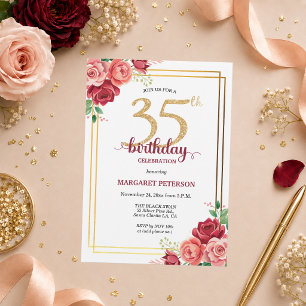 Elegant Gold Blush Floral 35th Birthday Party Invitation
