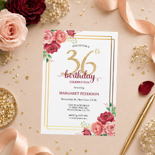 Elegant Gold Blush Floral 36th Birthday Party Invitation