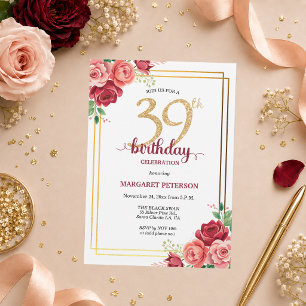 Elegant Gold Blush Floral 39th Birthday Party Invitation