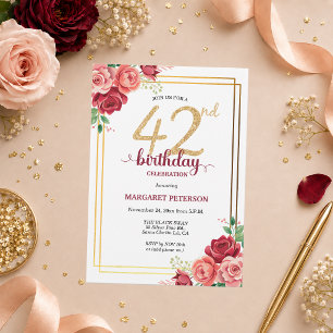 Elegant Gold Blush Floral 42nd Birthday Party Invitation