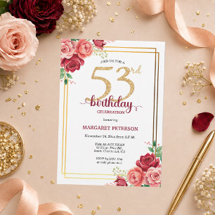 Elegant Gold Blush Floral 53rd Birthday Party Invitation