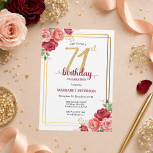 Elegant Gold Blush Floral 71st Birthday Party Invitation