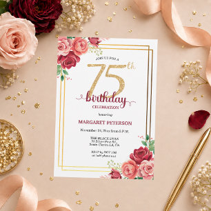 Elegant Gold Blush Floral 75th Birthday Party Invitation