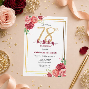 Elegant Gold Blush Floral 78th Birthday Party Invitation