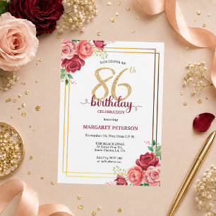 Elegant Gold Blush Floral 86th Birthday Party Invitation