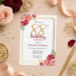 Elegant Gold Blush Floral 88th Birthday Party Invitation