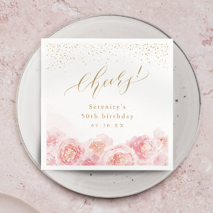 Elegant gold & blush floral cheers birthday napkins