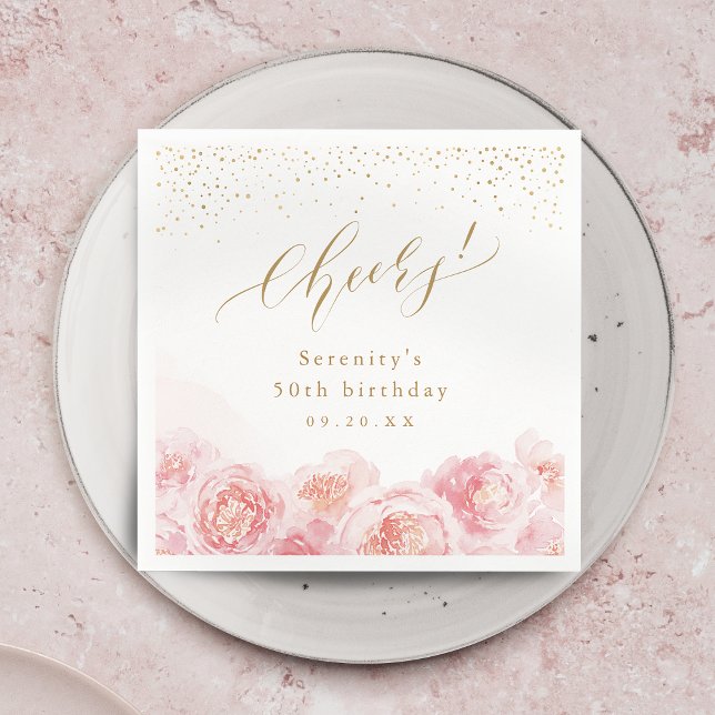 Elegant gold & blush floral cheers birthday napkins (Elegant gold & blush floral cheers birthday napkins)