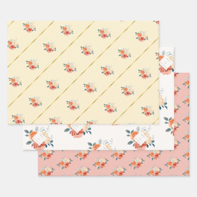Elegant Gold Blush Floral Script Wedding Wrapping Paper Sheets (Set)