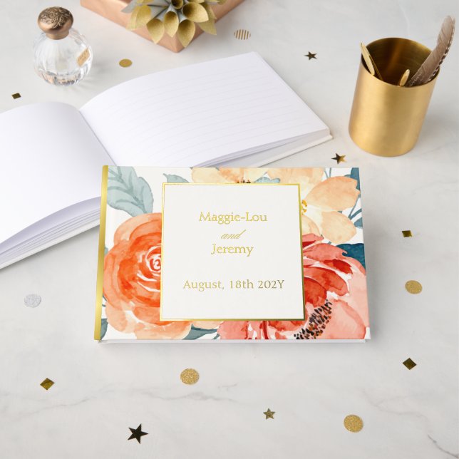 Elegant Gold Blush Floral Wedding Foil Guest Book (Front Open)