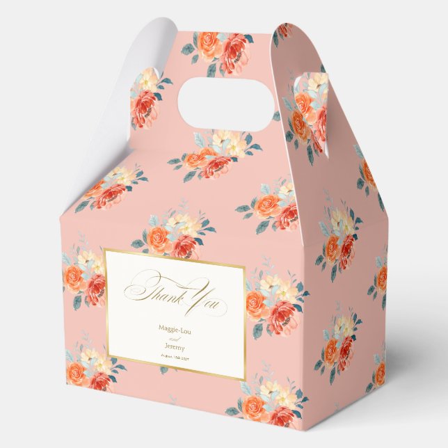 Elegant Gold Blush Floral Wedding Thank You Favor Boxes (Front)