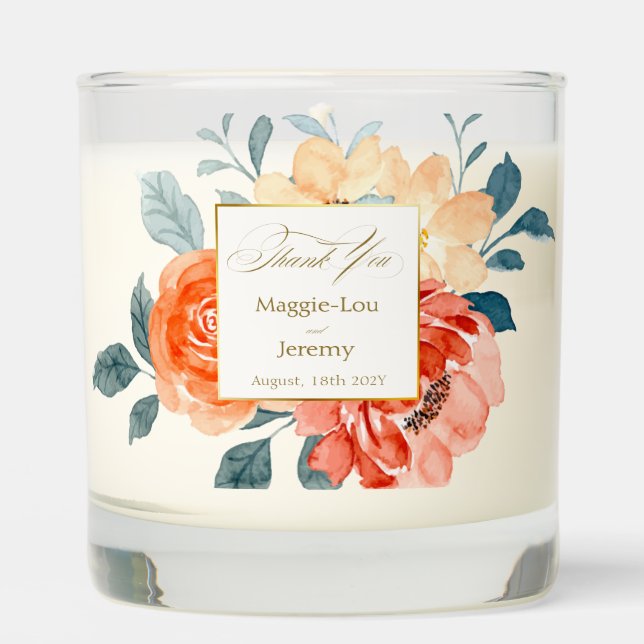 Elegant Gold Blush Floral Wedding Thank You Scented Candle (Front)