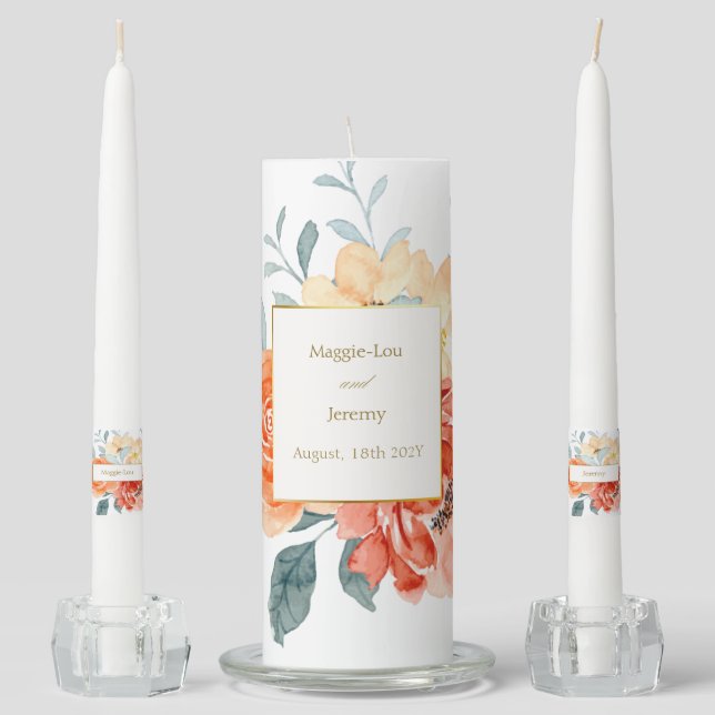 Elegant Gold Blush Floral Wedding  Unity Candle Set (Front)