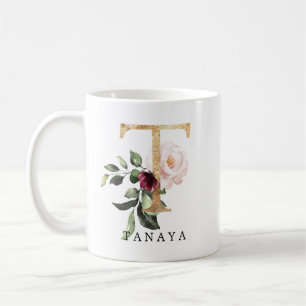 Elegant Gold Blush Pink Burgundy Flower Letter T Coffee Mug
