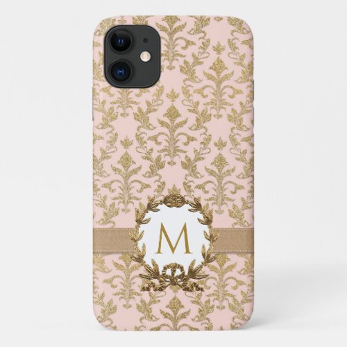 Elegant Gold Blush Pink Damask Glitter Monogram iPhone 11 Case