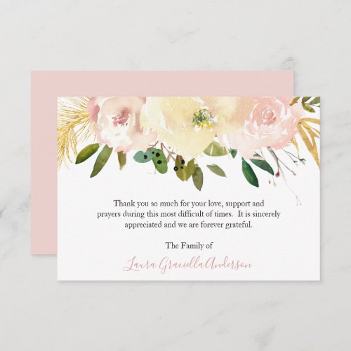 Elegant Gold Blush Pink Floral Funeral Thank You Card