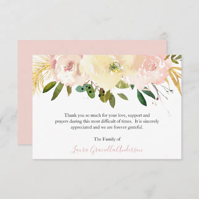 Elegant Gold Blush Pink Floral Funeral Thank You Card Zazzle