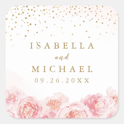 Elegant gold  blush pink floral wedding favor square sticker