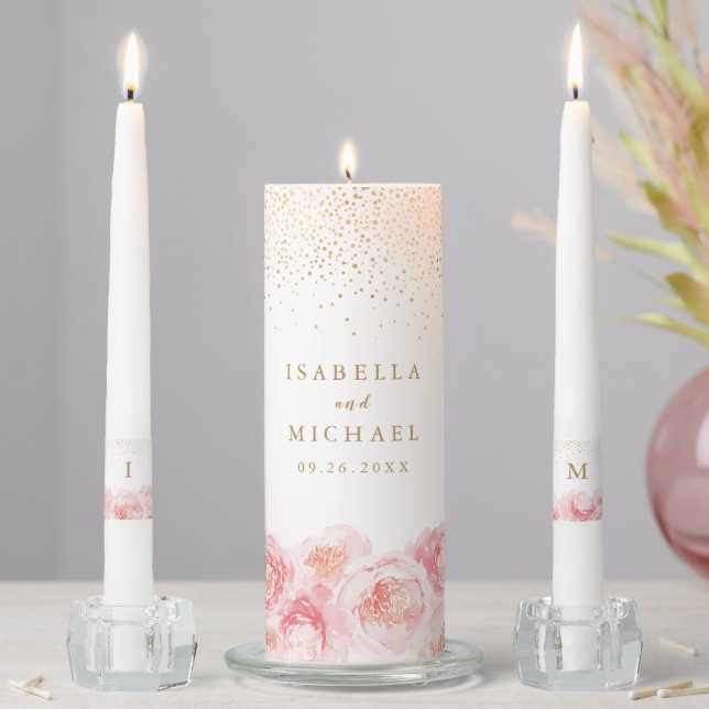 Elegant gold & blush pink floral wedding unity candle set (In Situ)