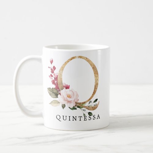 Elegant Gold Blush Pink Flower Letter Q Coffee Mug