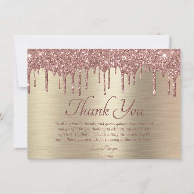 Elegant Gold Blush Pink Glitter Drip Birthday Thank You Card (Front)