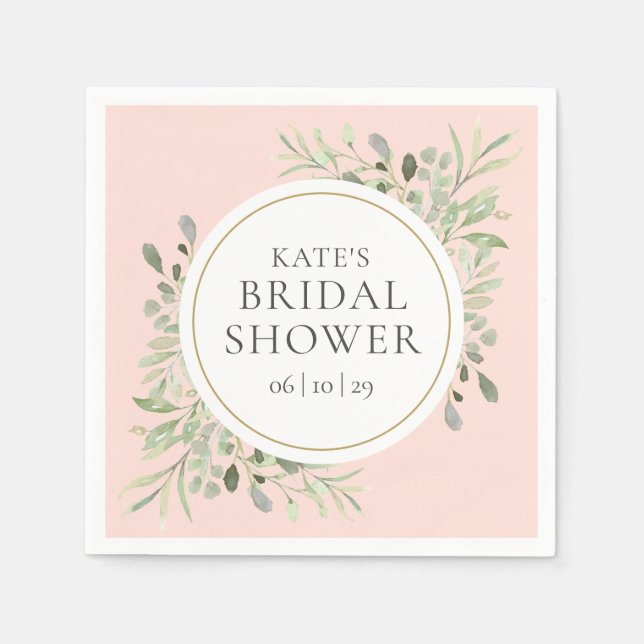 Elegant Gold Blush Pink Greenery Bridal Shower Napkins (Front)