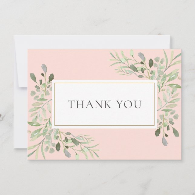 Elegant Gold Blush Pink Greenery Foliage Thank You Card (Front)