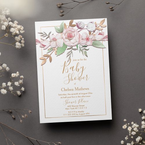 Elegant Gold Blush Pink Mint Floral Baby Shower Invitation