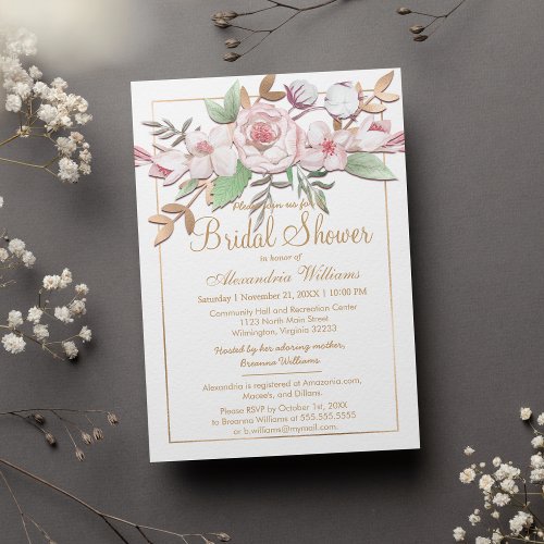 Elegant Gold Blush Pink Mint Floral Bridal Shower Invitation
