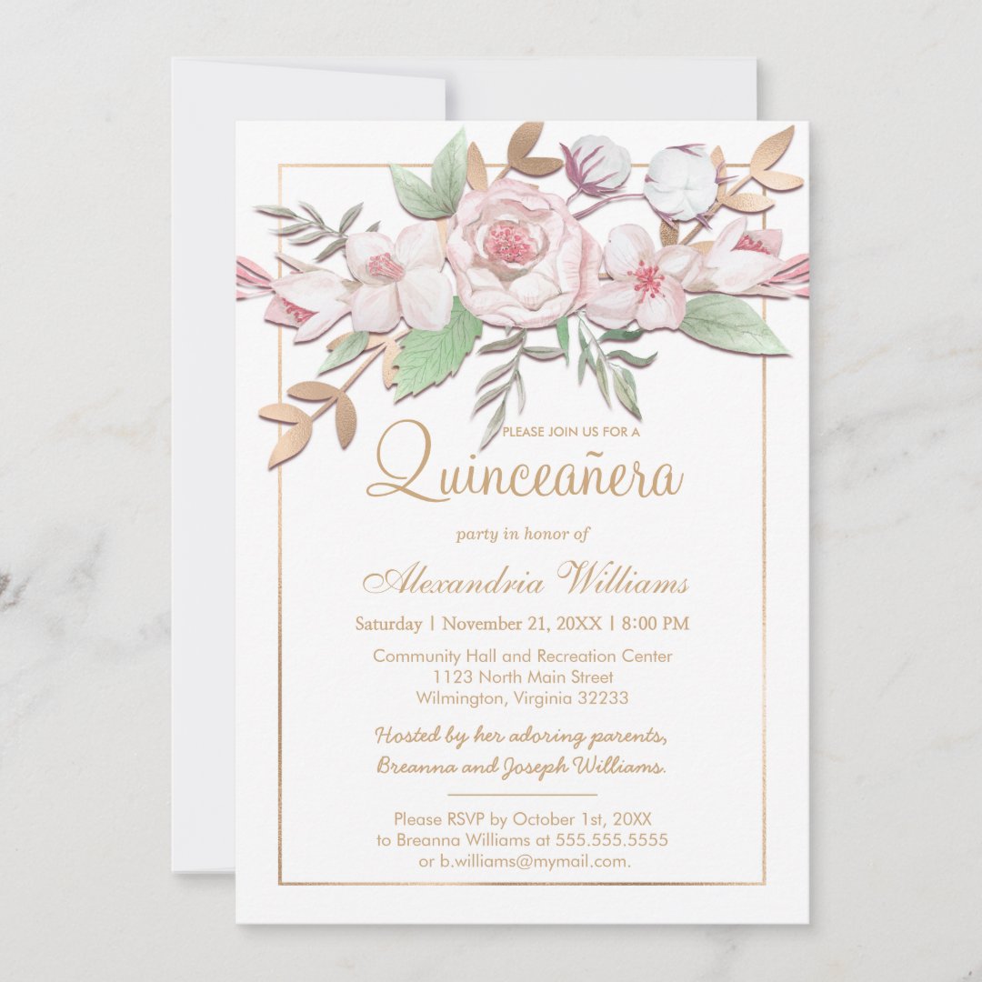 Elegant Gold Blush Pink Mint Floral Quinceañera Invitation | Zazzle