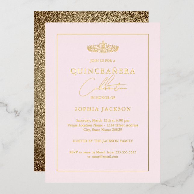 Elegant Gold Blush Pink Quinceanera 15th Birthday Foil Invitation (Front/Back)