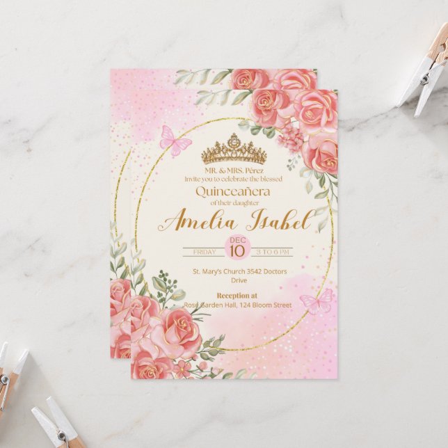 Elegant Gold & Blush Quinceañera Invitation (Front/Back In Situ)