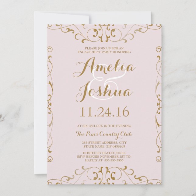 Elegant Gold Blush Swirl Engagement Party Invite (Front)