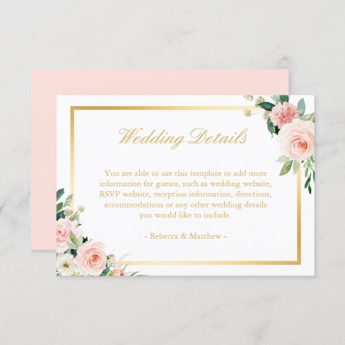 Elegant Gold Blushing Pink Floral Wedding Details Enclosure Card