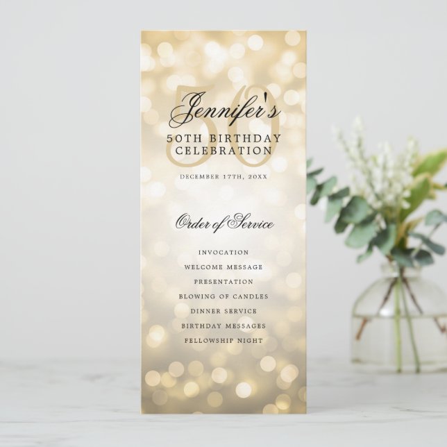 Elegant Gold Bokeh 50th Birthday Program w/ Menu (Standing Front)