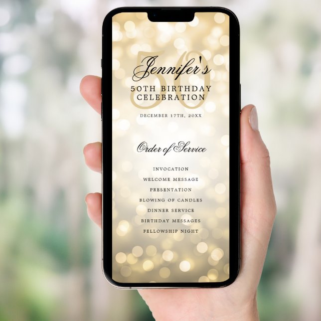 Elegant Gold Bokeh 50th Birthday Program w/ Menu (Front Digital)