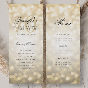 Elegant Gold Bokeh 70th Birthday Program w/ Menu