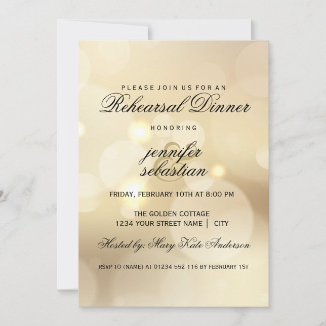 Elegant Gold Bokeh Light Chic Rehearsal Dinner Invitation (Front)