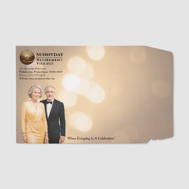 Elegant Gold Bokeh Retirement Community  Envelope Mailers (Front)