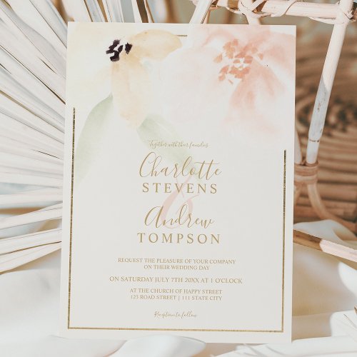 Elegant gold bold soft floral watercolor wedding invitation