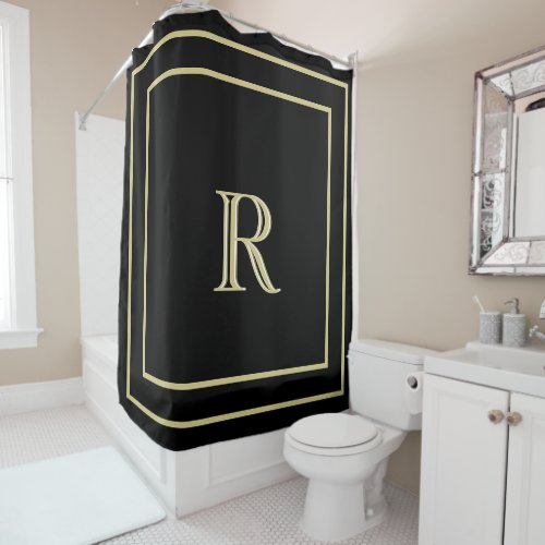 Elegant  Gold Border and Custom Monogram Black Shower Curtain