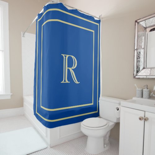 Elegant  Gold Border and Custom Monogram Blue   Shower Curtain