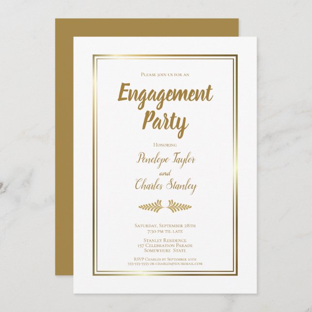 Elegant Gold Border Engagement Party Invitation (Front/Back)