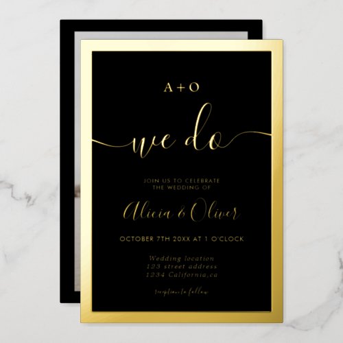 Elegant gold border initials black photo wedding foil invitation