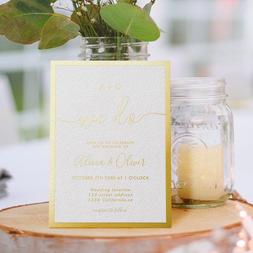 Elegant gold border initials white photo wedding foil invitation